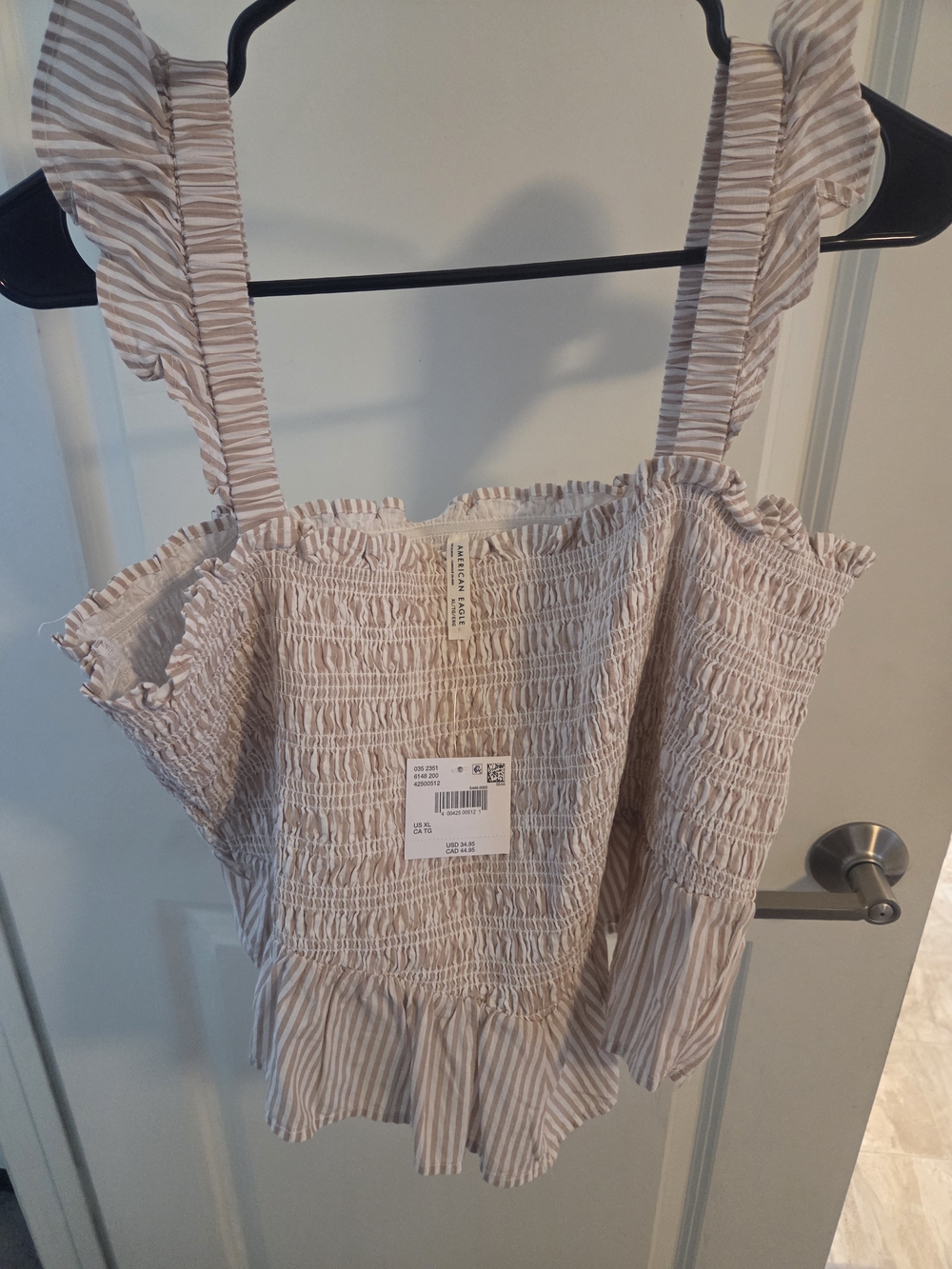 American Eagle Outfitters Beige and White Striped Smocked Ruffle Cami